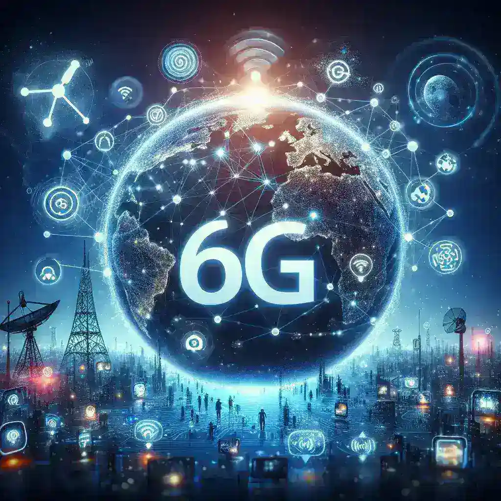 "Ilustrasi perkembangan teknologi 6G dengan jaringan nirkabel futuristik, menggambarkan konektivitas global yang lebih cepat dan efisien, untuk artikel Perkembangan Teknologi 6G: Kapan Bisa Digunakan Secara Global?"